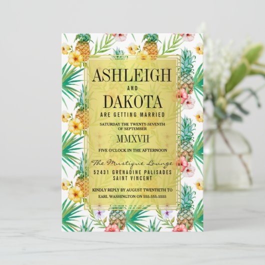Tropische Ananas & Hibiscus Bestemming Bruiloft Kaart (Staand voorkant)