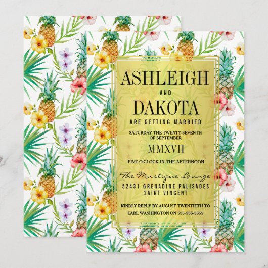 Tropische Ananas & Hibiscus Bestemming Bruiloft Kaart (Voorkant / Achterkant)