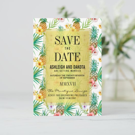 Tropische Ananas & Hibiscus Sla de datum op Save The Date (Staand voorkant)