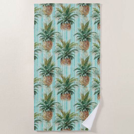 Tropische ananas met Aqua Stripes Strandlaken (Voorkant)