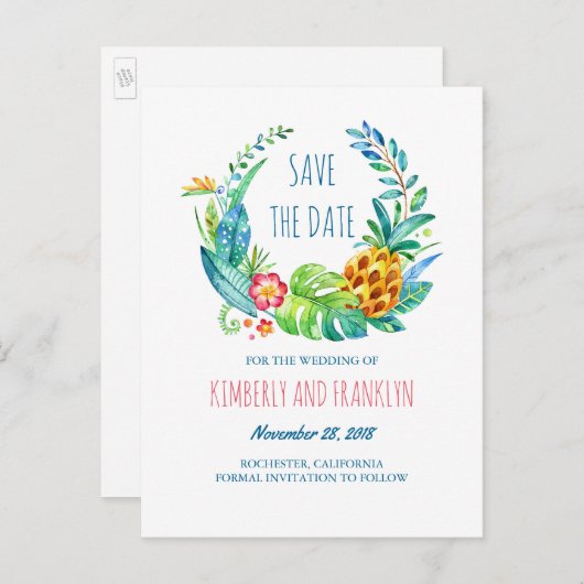 Tropische Ananas Palms Beach Save the Date Aankondigingskaart (Voorkant / Achterkant)