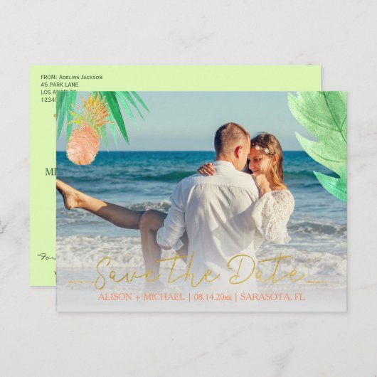 Tropische ananas perzikkleurige bruiloft save date aankondigingskaart (Voorkant / Achterkant)