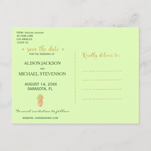 Tropische ananas perzikkleurige bruiloft save date aankondigingskaart (Achterkant)