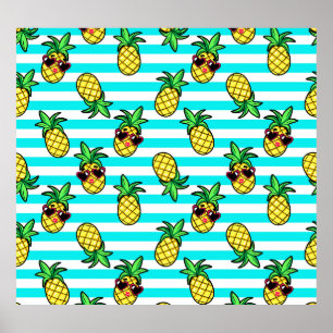 Tropische ananas: Retro zonnebril patroon. Poster