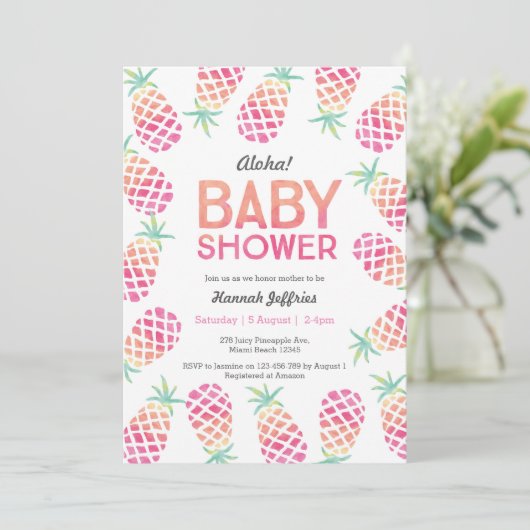 Tropische ananas roze Baby shower Uitnodiging (Staand voorkant)