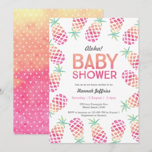 Tropische ananas roze Baby shower Uitnodiging (Voorkant / Achterkant)