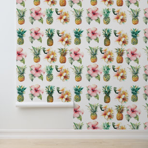Tropische ananas roze Hibiscus Plumeria bloemen Behang