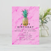 Tropische Ananas Roze Marmer 1e Verjaardag Party Kaart (Staand voorkant)