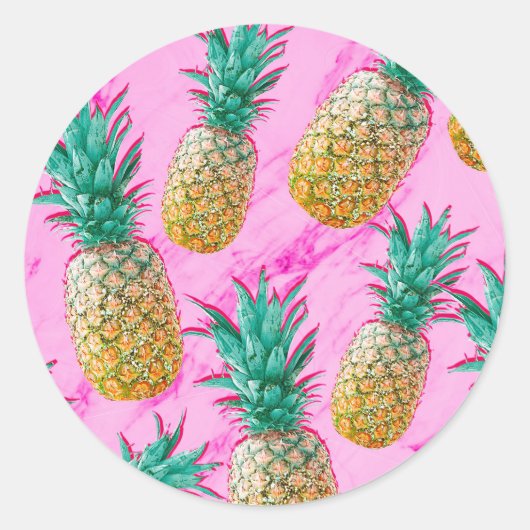 Tropische Ananas & Roze Marmer Chique Party Favor Ronde Sticker (Voorkant)