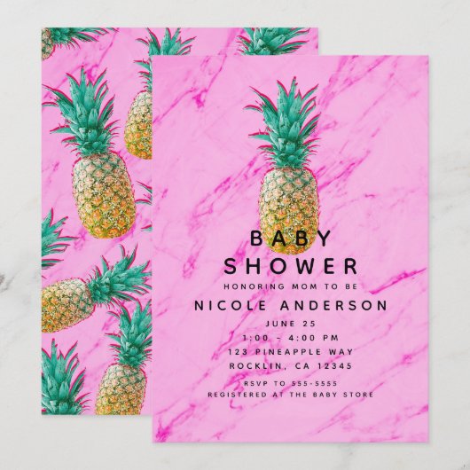 Tropische Ananas Roze Marmer Modern Baby shower Kaart (Voorkant / Achterkant)