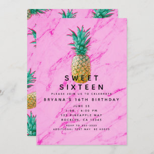 Tropische Ananas & Roze Marmer Sweet 16 Party Kaart