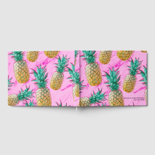 Tropische ananas & roze marmeren chique bruiloft gastenboek (Volledig)
