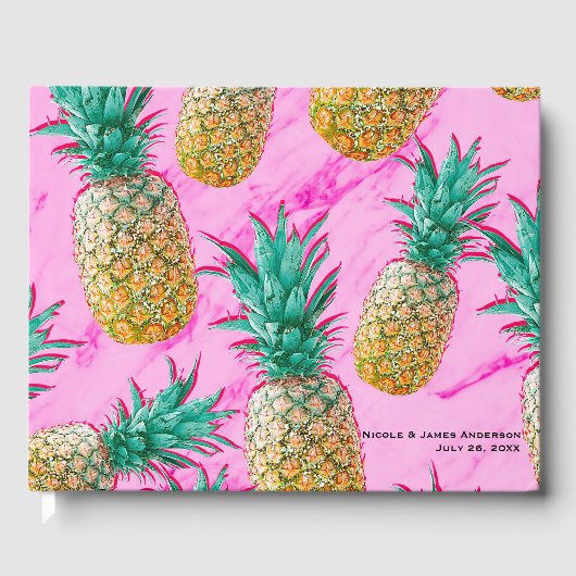 Tropische ananas & roze marmeren chique bruiloft gastenboek (Voorkant)