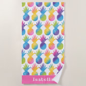 Tropische Ananas Roze Monogram Naam Strandlaken (Voorkant)