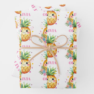 Tropische Ananas Roze Naam Meisjes Verjaardagsfees Inpakpapier Vel