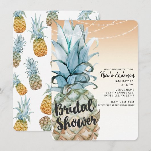 Tropische Ananas & Slingerlichtjes Bruidsdouche Kaart (Voorkant / Achterkant)