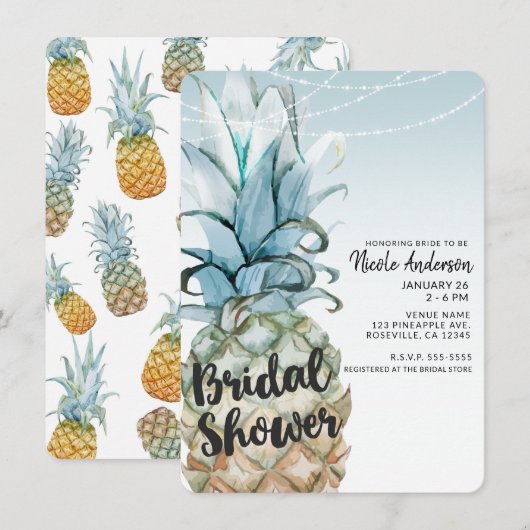 Tropische Ananas & Slingerlichtjes Bruidsdouche Kaart (Voorkant / Achterkant)