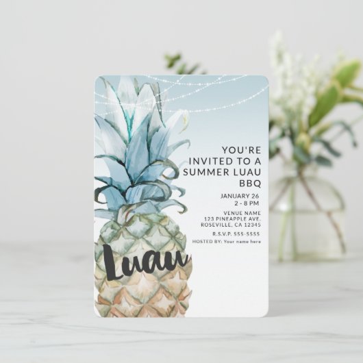 Tropische Ananas & Slingerlichtjes Zomer Luau BBQ Kaart (Staand voorkant)
