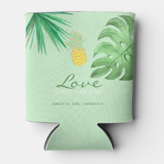 Tropische ananas strand groen goud bruiloft blikjeskoeler (Voorkant)