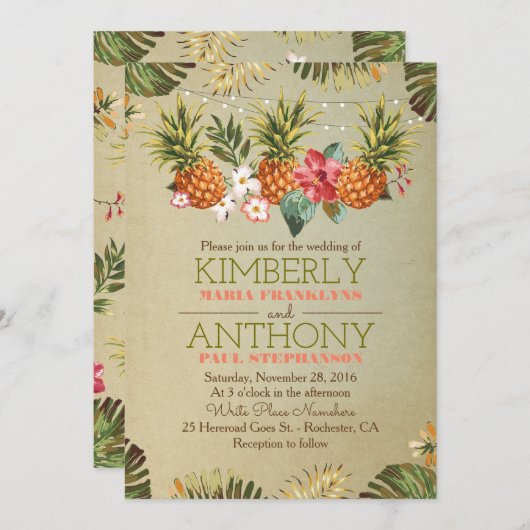 tropische ananas strand verlichting bruiloft kaart (Voorkant / Achterkant)