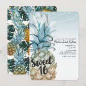 Tropische Ananas & String Lights Sweet 16 Party Kaart (Voorkant / Achterkant)