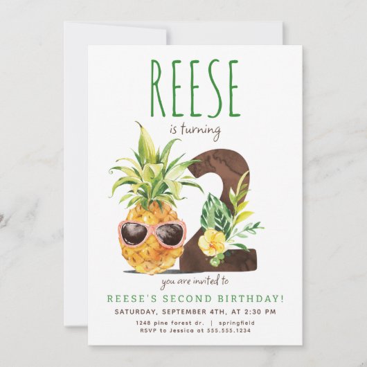 Tropische Ananas Tweede Verjaardag Uitnodiging (Voorkant)