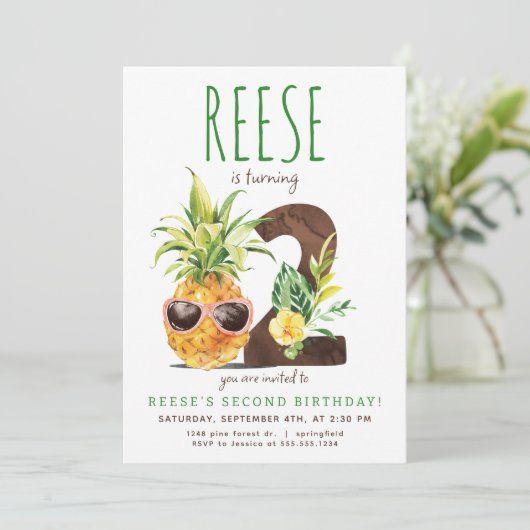 Tropische Ananas Tweede Verjaardag Uitnodiging (Staand voorkant)
