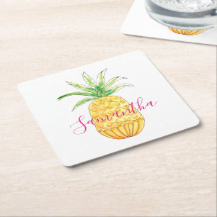 Tropische ananas Waterverf Naam Monogram Kartonnen Onderzetters