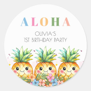 Tropische Ananas Zomer Aloha 1e Verjaardagsfeestje Ronde Sticker