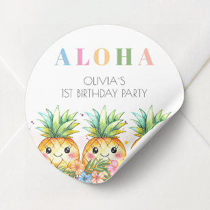 Tropische Ananas Zomer Aloha 1e Verjaardagsfeestje Ronde Sticker