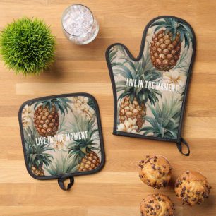 Tropische ananassen Bloemen Ovenwant & Pannenlap Set