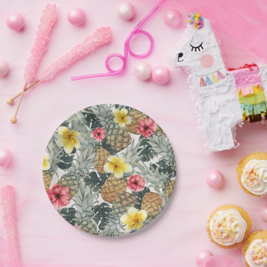 Tropische Ananassen Bloemig Bladeren Exotisch Fees Papieren Bordje (Feest)