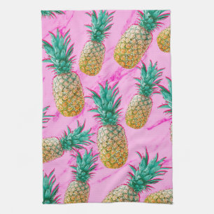 Tropische Ananassen & Roze Marmer Modern Kleurrijk Theedoek