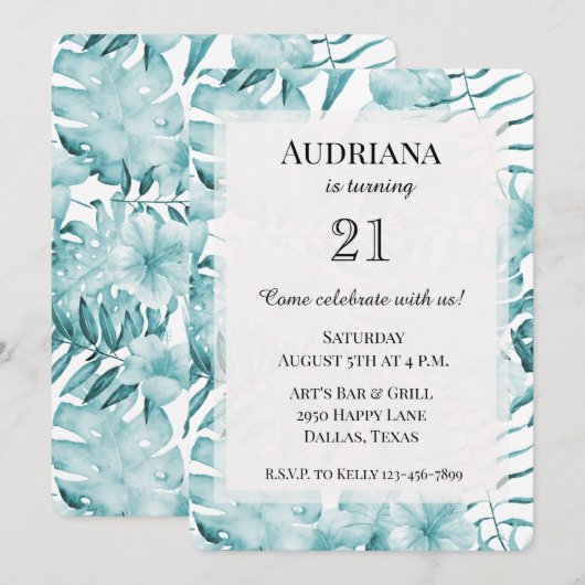 Tropische Aqua Blauwe Bloemen Verjaardag Kaart (Voorkant / Achterkant)