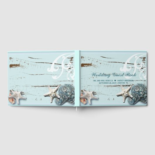 Tropische aqua blauwe schelpen zeesterren bruiloft gastenboek (Volledig)