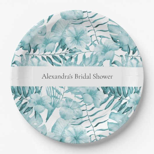 Tropische Aqua Blue Bloembladeren Vrijgezellenfees Papieren Bordje (Voorkant)