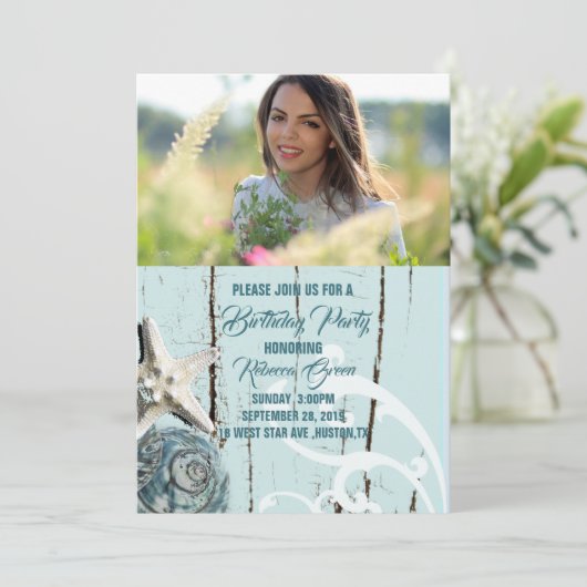 Tropische Aqua Blue Seashell Beach verjaardagsfees Kaart (Staand voorkant)