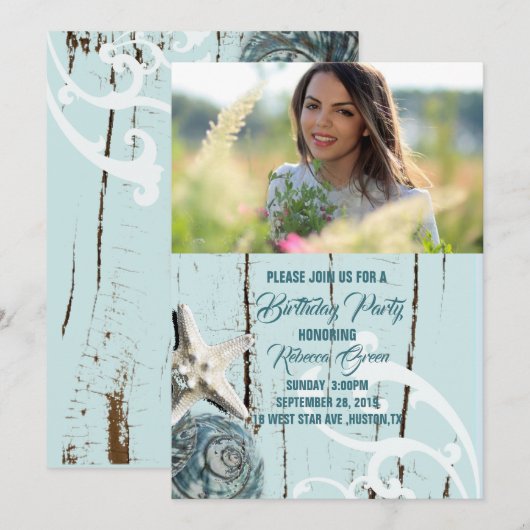 Tropische Aqua Blue Seashell Beach verjaardagsfees Kaart (Voorkant / Achterkant)