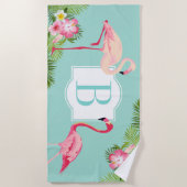 Tropische Aqua en Roze Flamingo Custom Monogram Strandlaken (Voorkant)