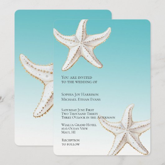 Tropische Aqua Gold White Starfish Beach bruiloft Kaart (Voorkant / Achterkant)