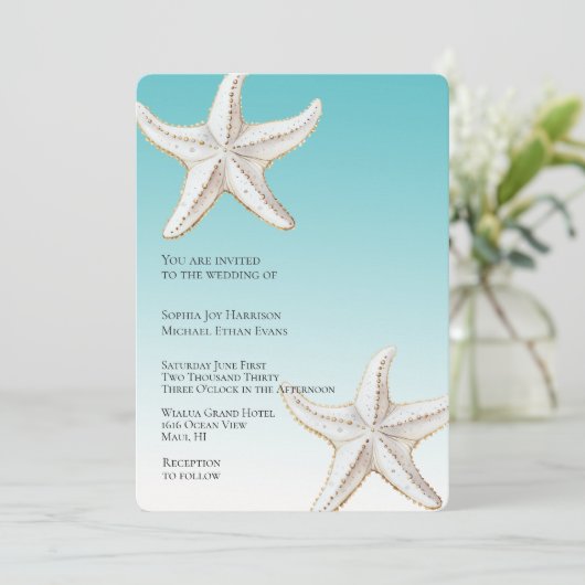 Tropische Aqua Gold White Starfish Beach bruiloft Kaart (Staand voorkant)