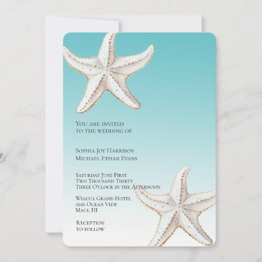 Tropische Aqua Gold White Starfish Beach bruiloft Kaart (Voorkant)