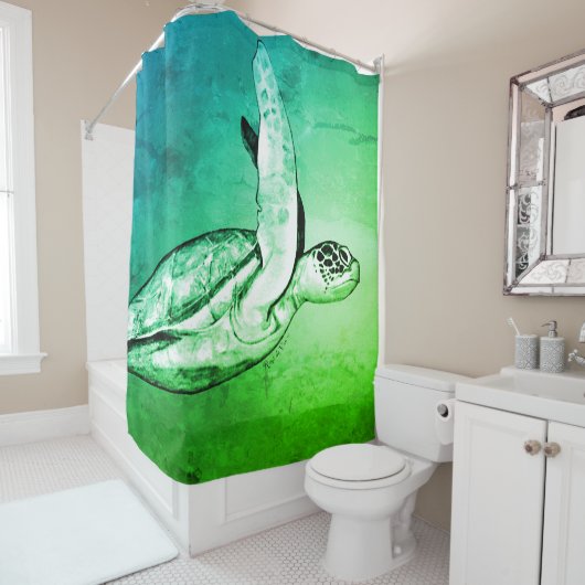 Tropische Aqua Groene Zeeen Schildpad Douchegordijn (In situ)