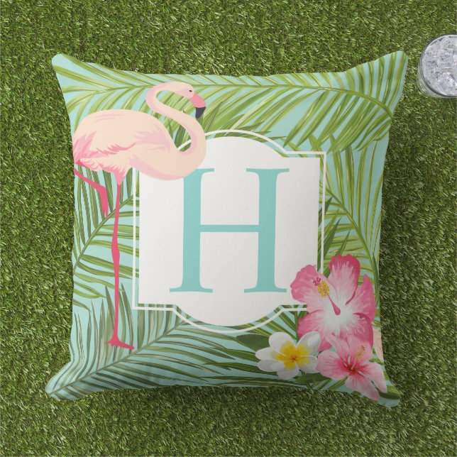 Tropische Aqua Monogram Roze Flamingo and Flowers Buitenkussen (Gras)