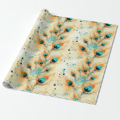 Tropische Aqua Peach Oranje pauwenveren Cadeaupapier (Uitgerold)