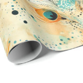 Tropische Aqua Peach Oranje pauwenveren Cadeaupapier (Rol Hoek)