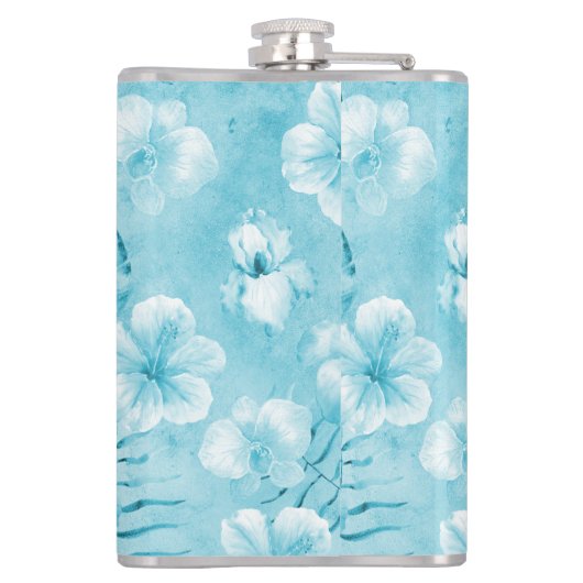 Tropische Aqua White Orchids Hibiscus Floral Heupfles (Achterkant)