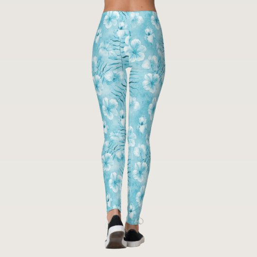 Tropische Aqua White Orchids Hibiscus Floral Leggings (Achterkant)