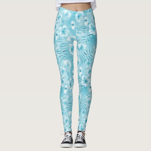 Tropische Aqua White Orchids Hibiscus Floral Leggings (Voorkant)