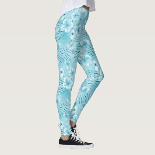 Tropische Aqua White Orchids Hibiscus Floral Leggings (Rechts)